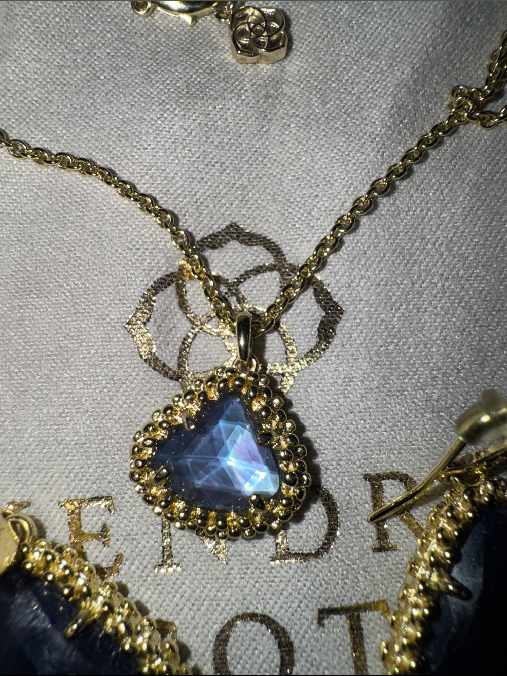 Kendra Scott set Gold-Tone Necklace and Earrings Set with Blue Triangle Crystal - Picture 3 of 5